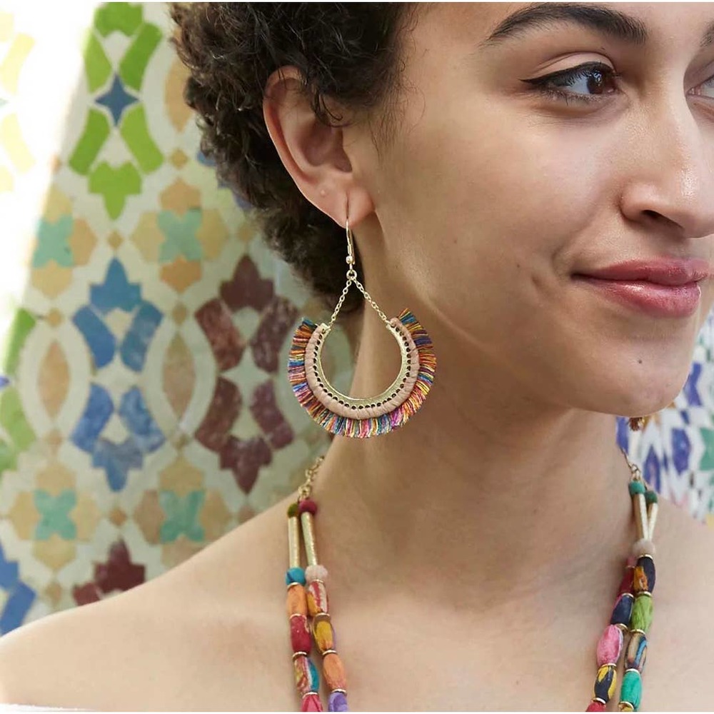 Boho Fringe Hoop Dangling Earring Handmade Gold Multi Color - Picture 2 of 2